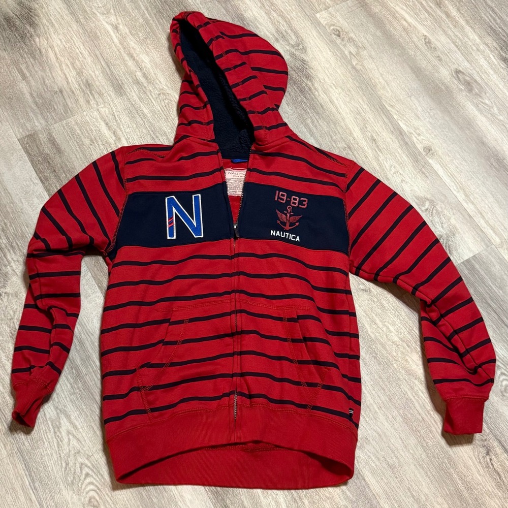 Nautica Kids Red Navy Stripe Full Zip Hoodie Sherpa Lined Jacket Size L 14 16‎